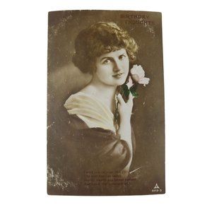 Beautiful Belgian Lady Postcard 1920s? RPPC Rose Birthday Thoughts Triangle BE